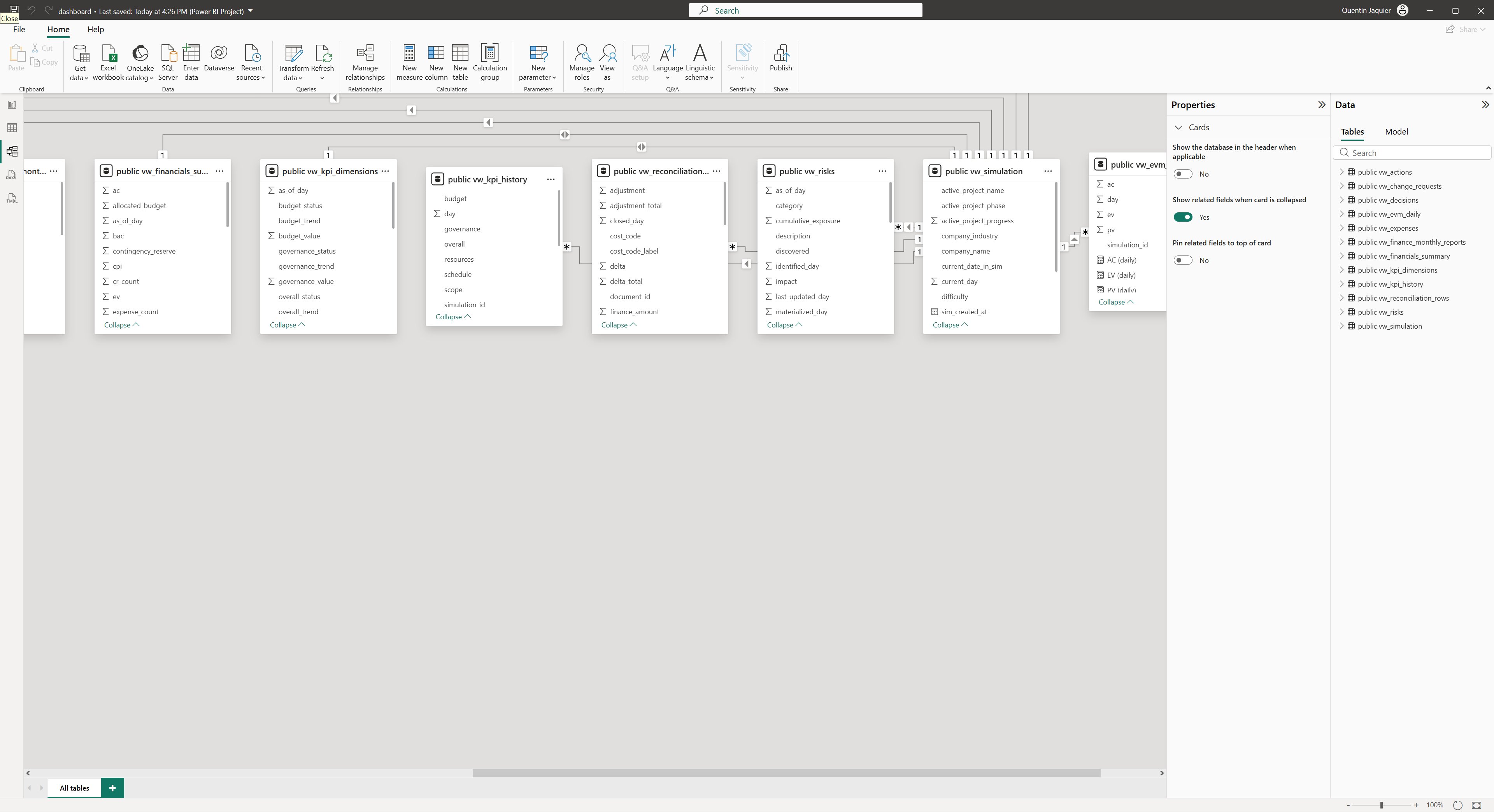 Power BI Desktop — vue du modèle de données en étoile avec 13 vues et leurs relations